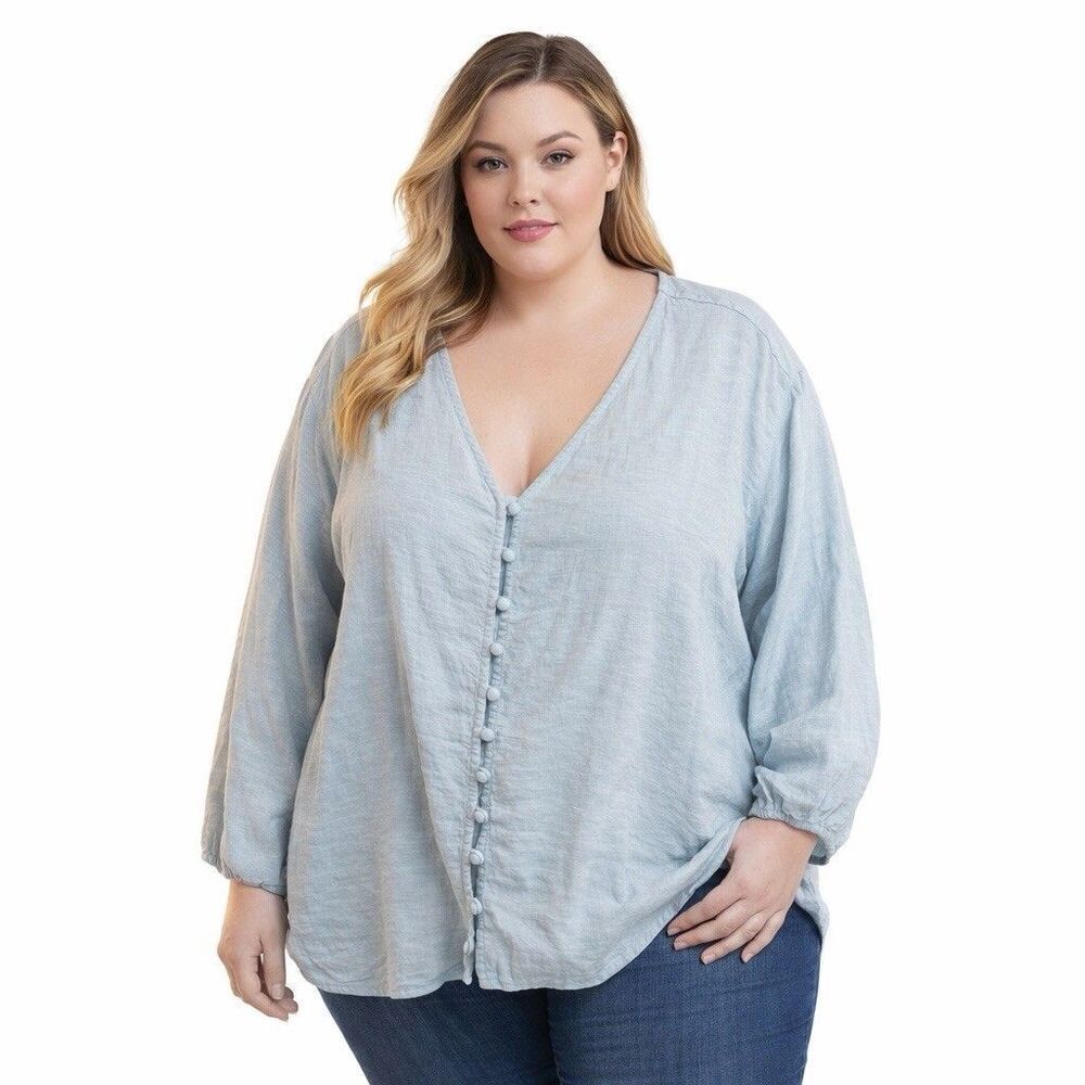 Laura Ashley Blouse Womens 3X Blue Linen V Neck Button Front Long Sleeve Top
